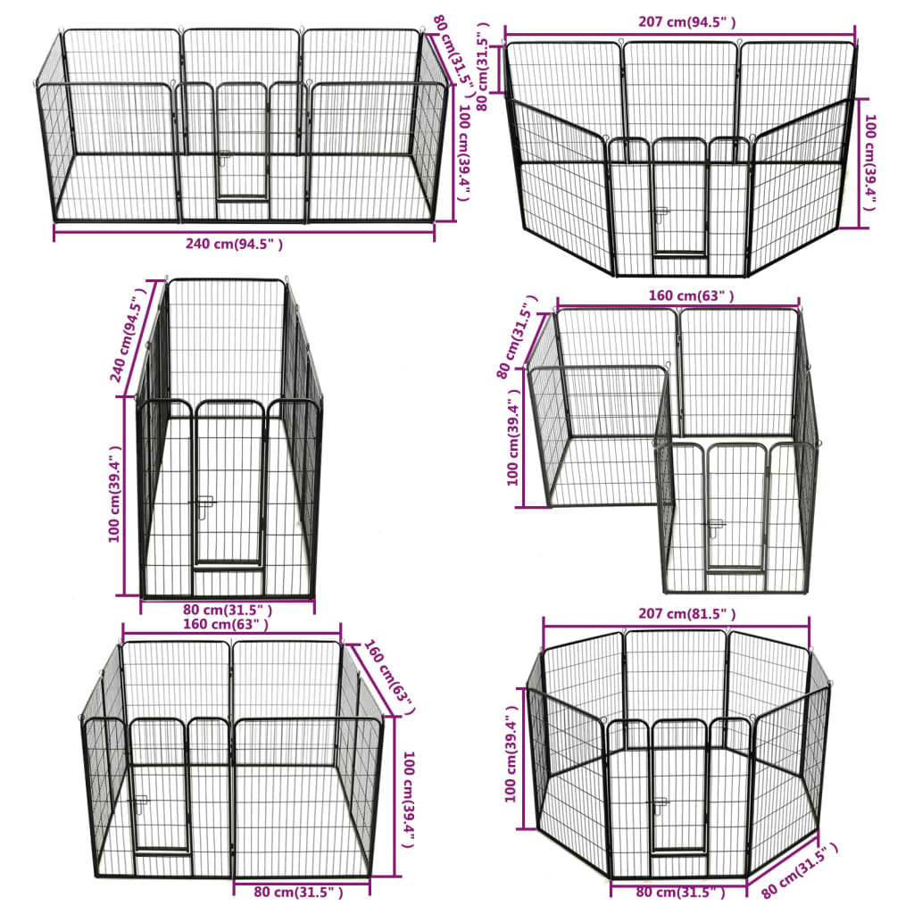 Hondenren met 8 panelen 80x100 cm staal zwart