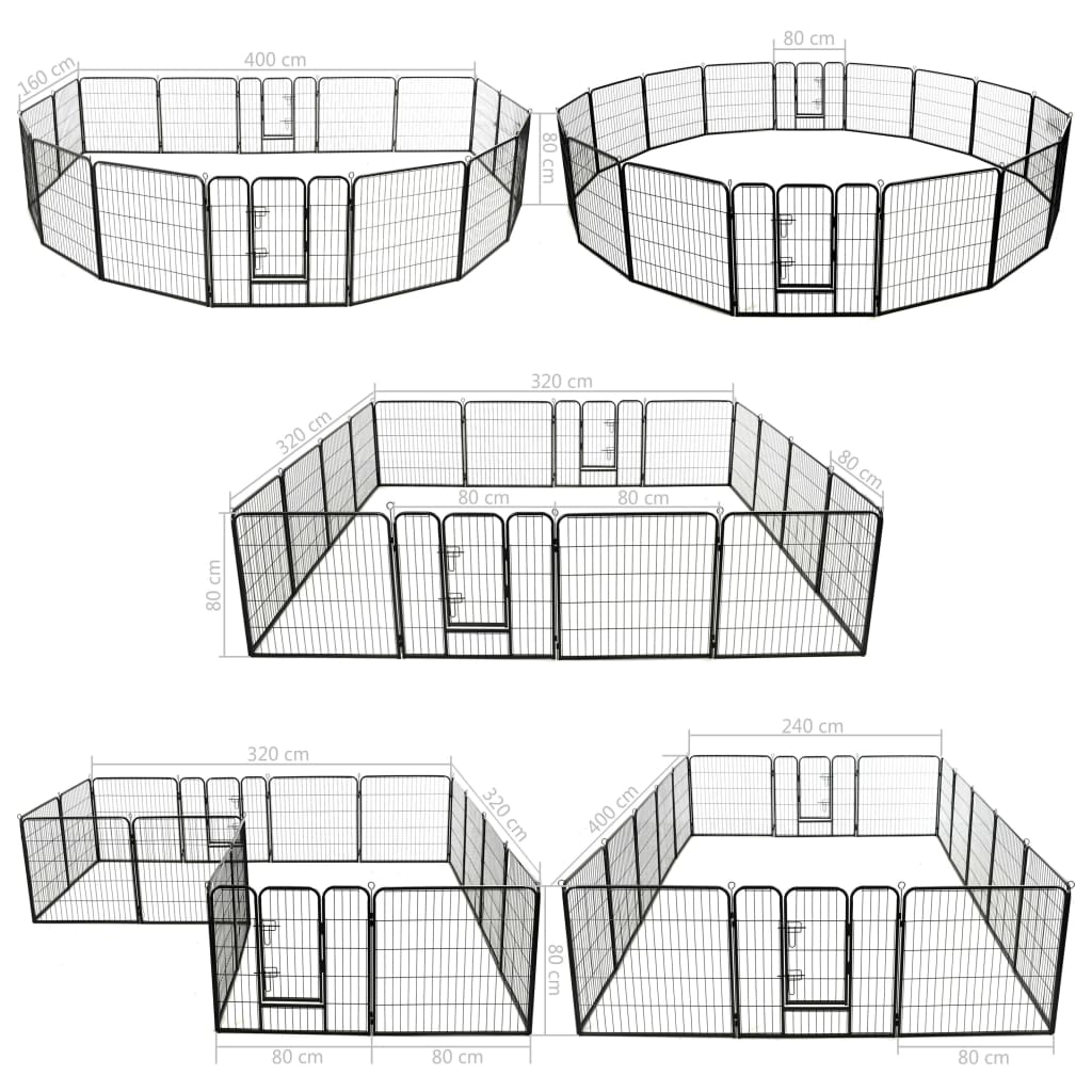 Hondenren met 16 panelen 80x80 cm staal zwart