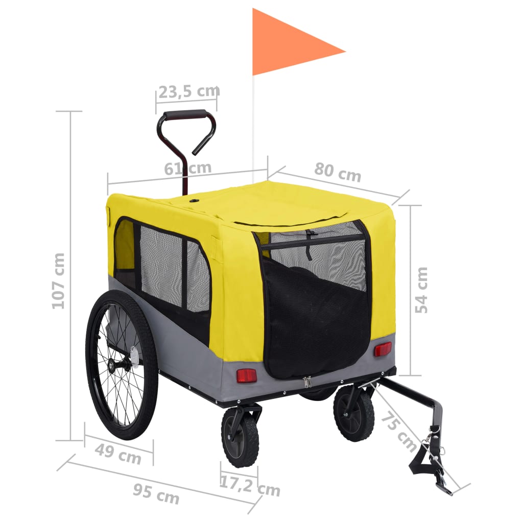 Fietstrailer en hondenwagen 2-in-1 geel en grijs