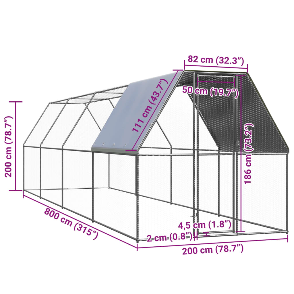 Kippenhok 2x8x2 m gegalvaniseerd staal