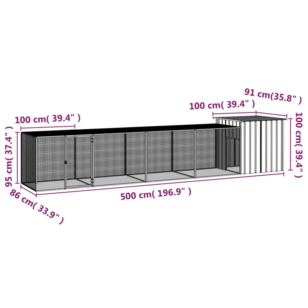 Kippenhok 500x91x100 cm gegalvaniseerd staal antracietkleurig