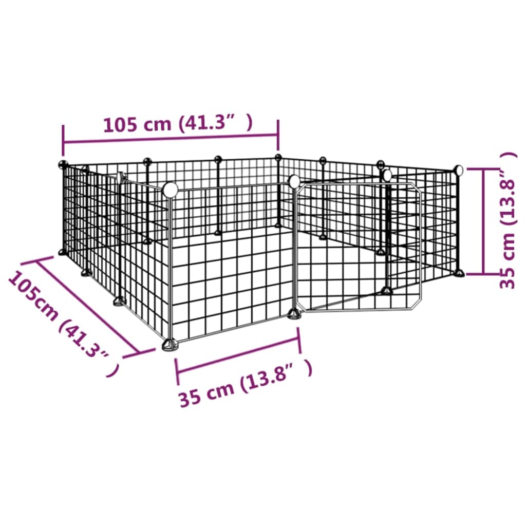 Huisdierenkooi met deur 12 panelen 35x35 cm staal zwart