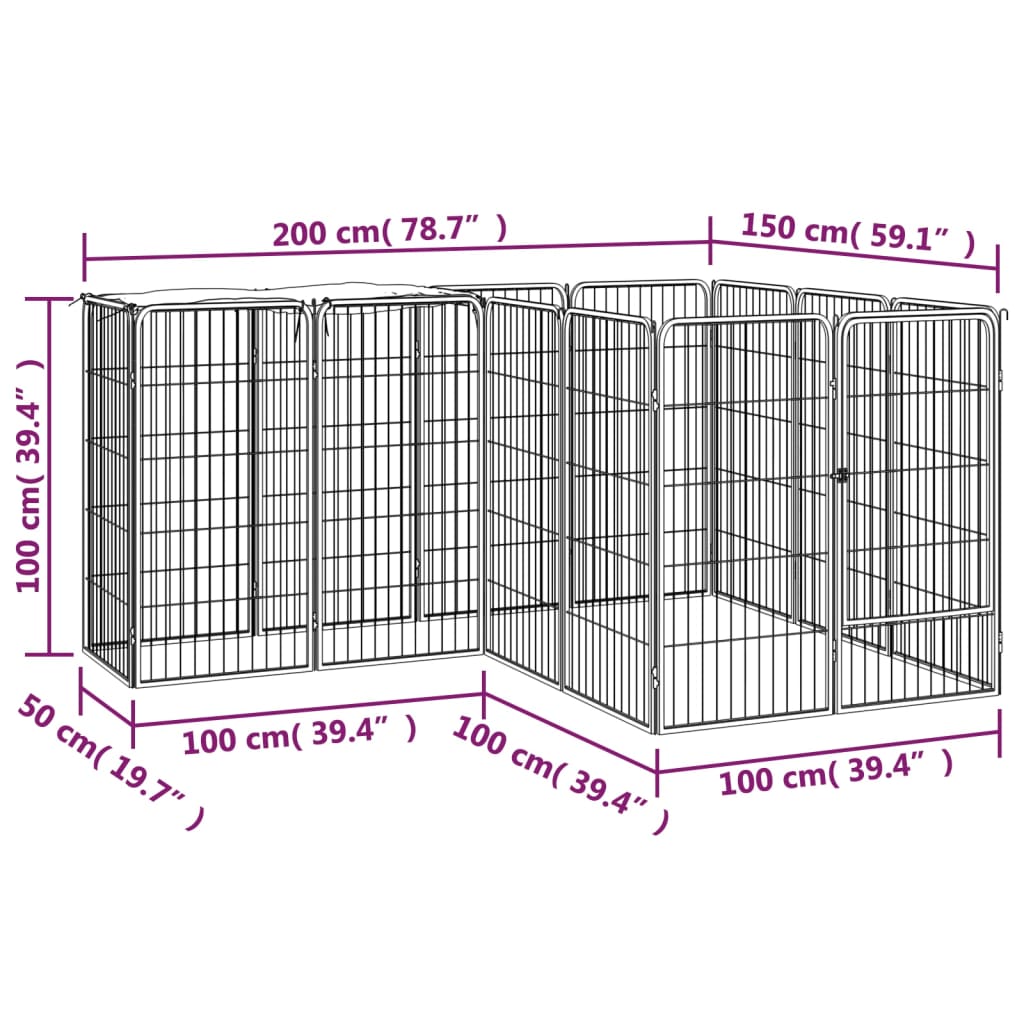 Hondenkennel 14 panelen 50 x 100 cm gepoedercoat staal zwart