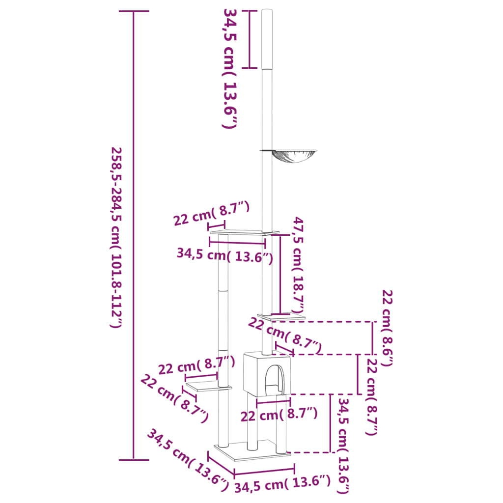 Kattenmeubel vloer tot plafond 258,5-284,5 cm donkergrijs afmetingen 