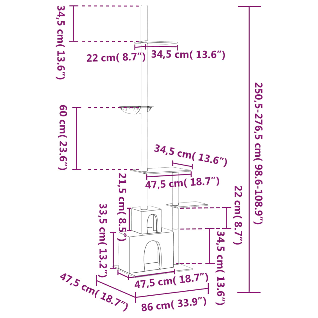 Kattenmeubel vloer tot plafond 250,5-276,5 cm crèmekleurig afmetingen 