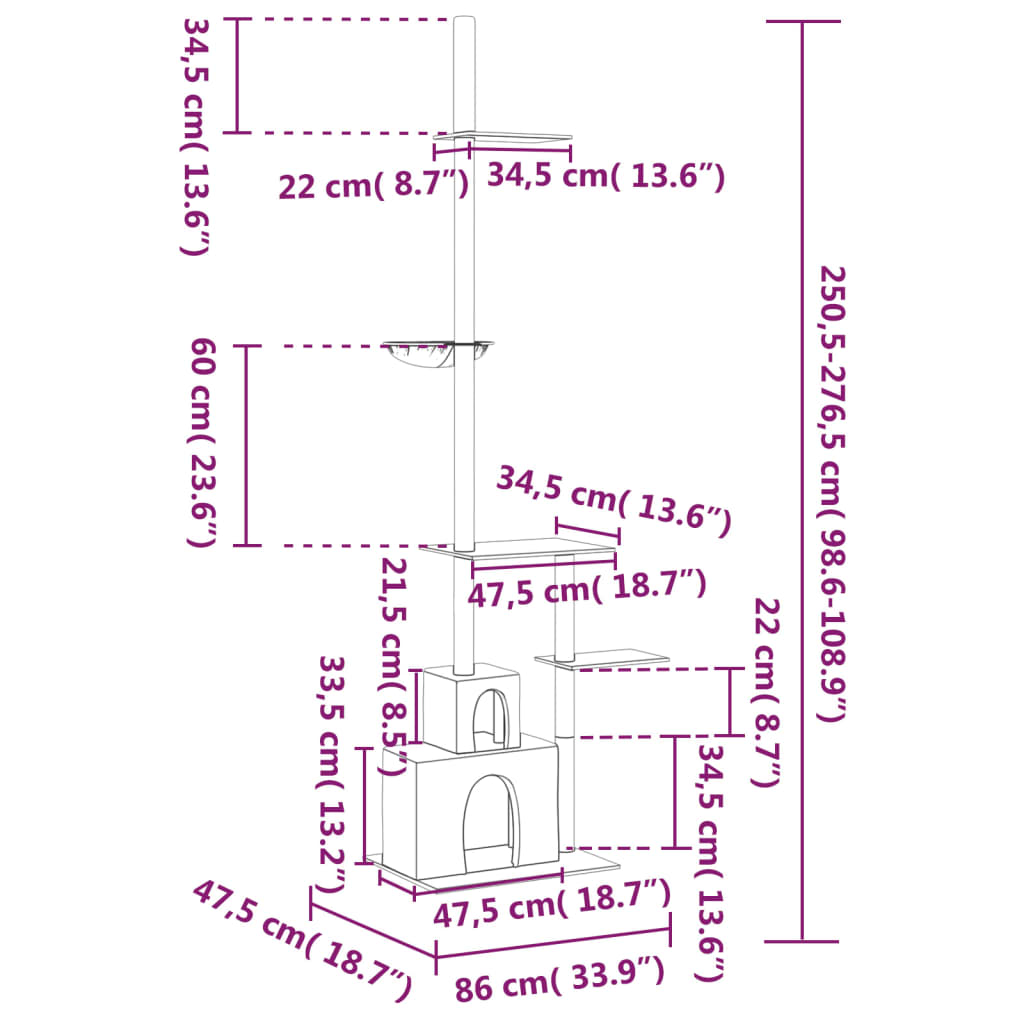 Kattenmeubel vloer tot plafond 250,5-276,5 cm donkergrijs maten 