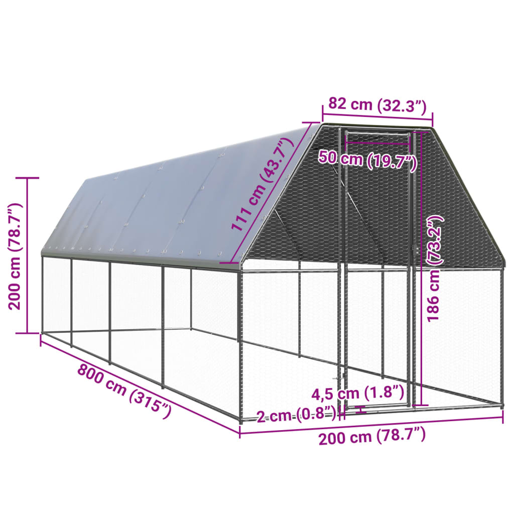 Buitenhok voor kippen 2x8x2 m gegalvaniseerd staal