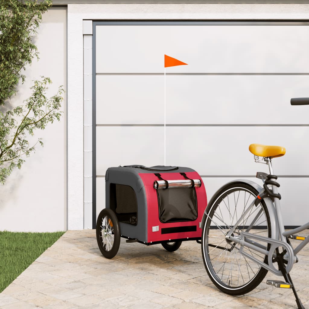 Hondenfietstrailer oxford stof en ijzer rood en grijs