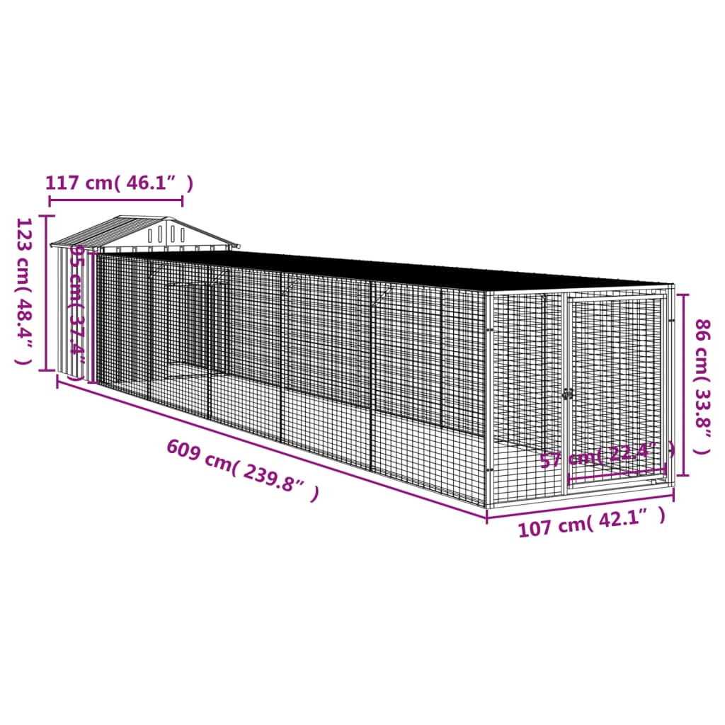 Kippenhok met ren 117x609x123 cm gegalvaniseerd staal antraciet