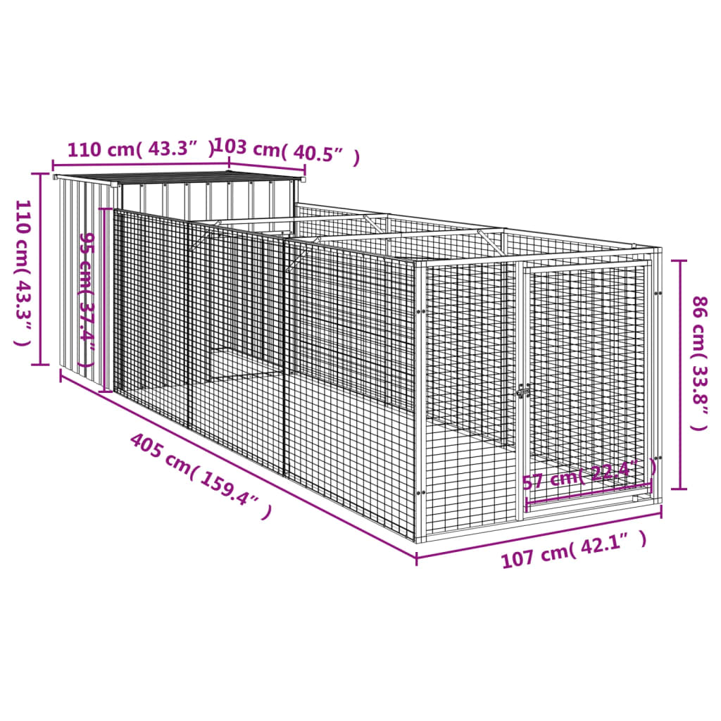 Hondenhok met ren 110x405x110 cm gegalvaniseerd staal antraciet