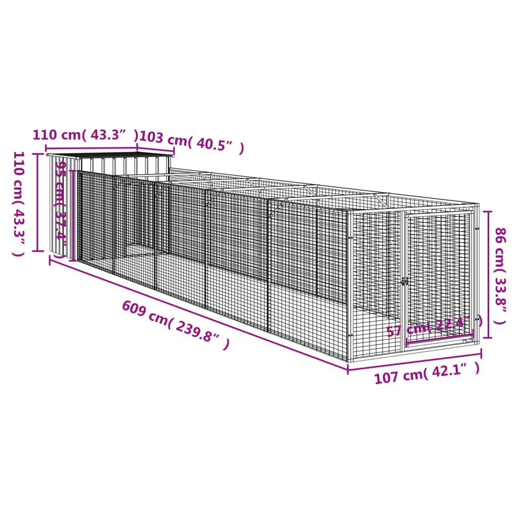 Hondenhok met ren 110x609x110 cm gegalvaniseerd staal antraciet