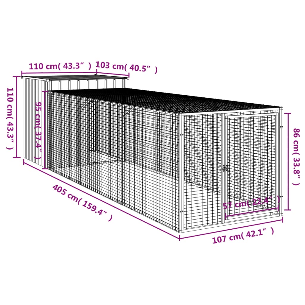 Kippenhok met ren 110x405x110 cm gegalvaniseerd staal antraciet