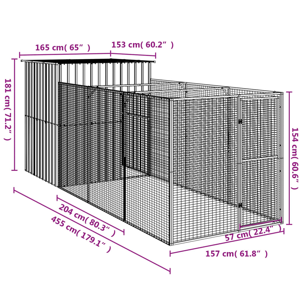 Hondenhok met ren 165x455x181 cm gegalvaniseerd staal antraciet