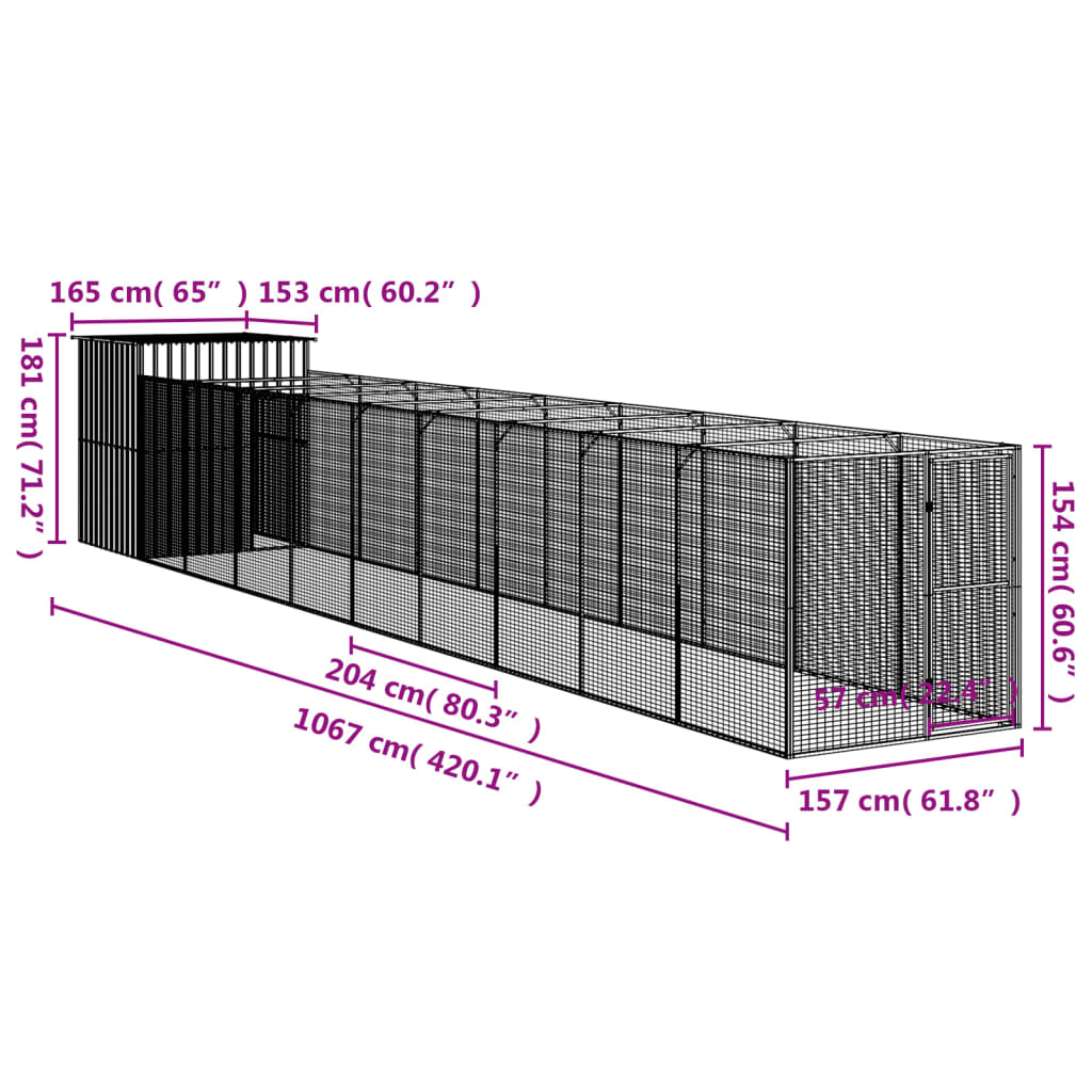 Hondenhok met ren 165x1.067x181 cm staal lichtgrijs