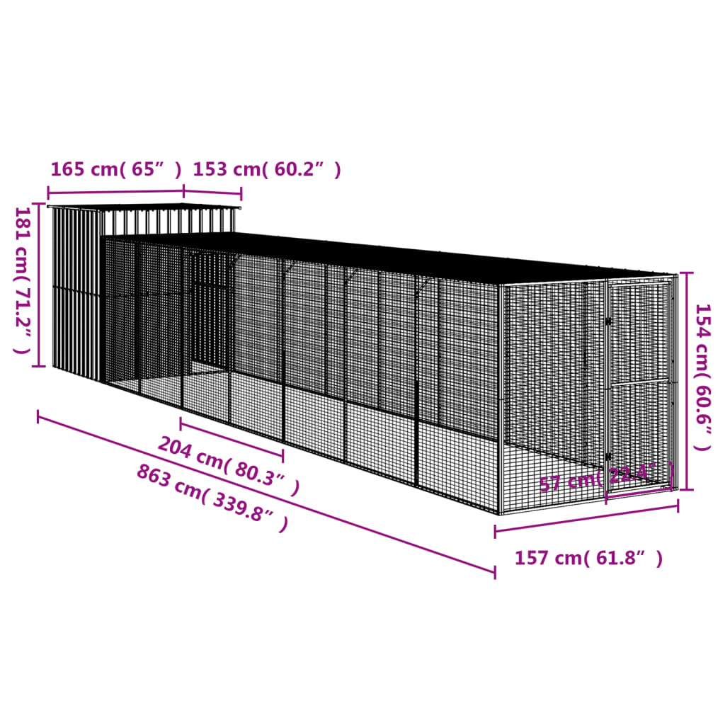 Kippenhok met ren 165x863x181 cm gegalvaniseerd staal grijs