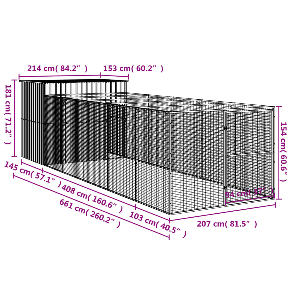 Hondenhok met ren 214x661x181 cm gegalvaniseerd staal antraciet