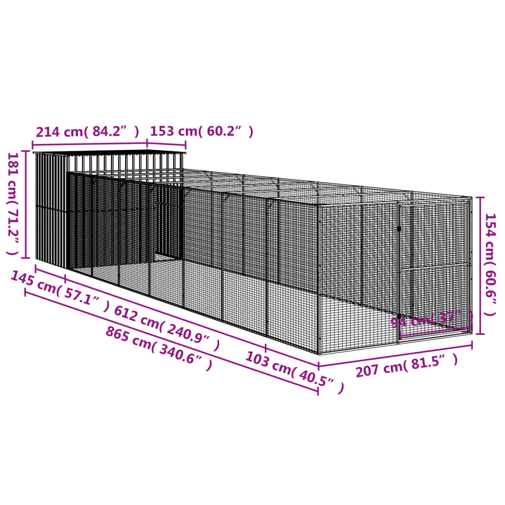 Hondenhok met ren 214x865x181 cm gegalvaniseerd staal antraciet