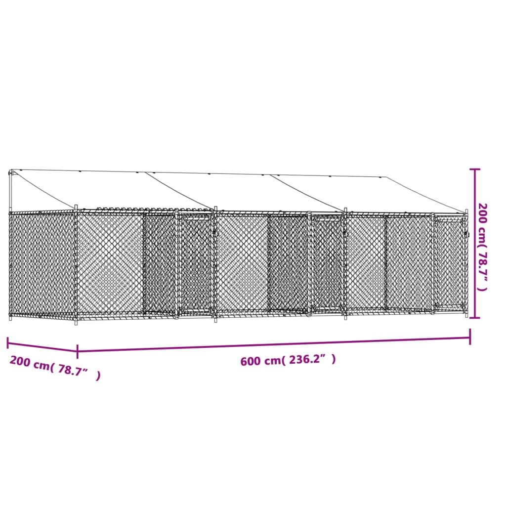 Hondenhok met dak en deuren 6x2x2 m gegalvaniseerd staal grijs