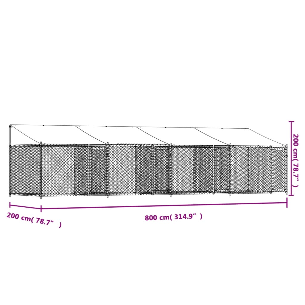 Hondenhok met dak en deuren 8x2x2 m gegalvaniseerd staal grijs