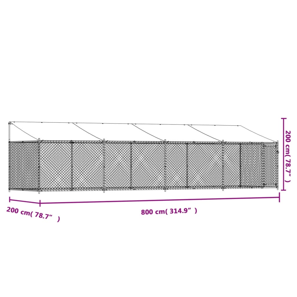 Hondenhok met dak en deur 8x2x2 m gegalvaniseerd staal grijs