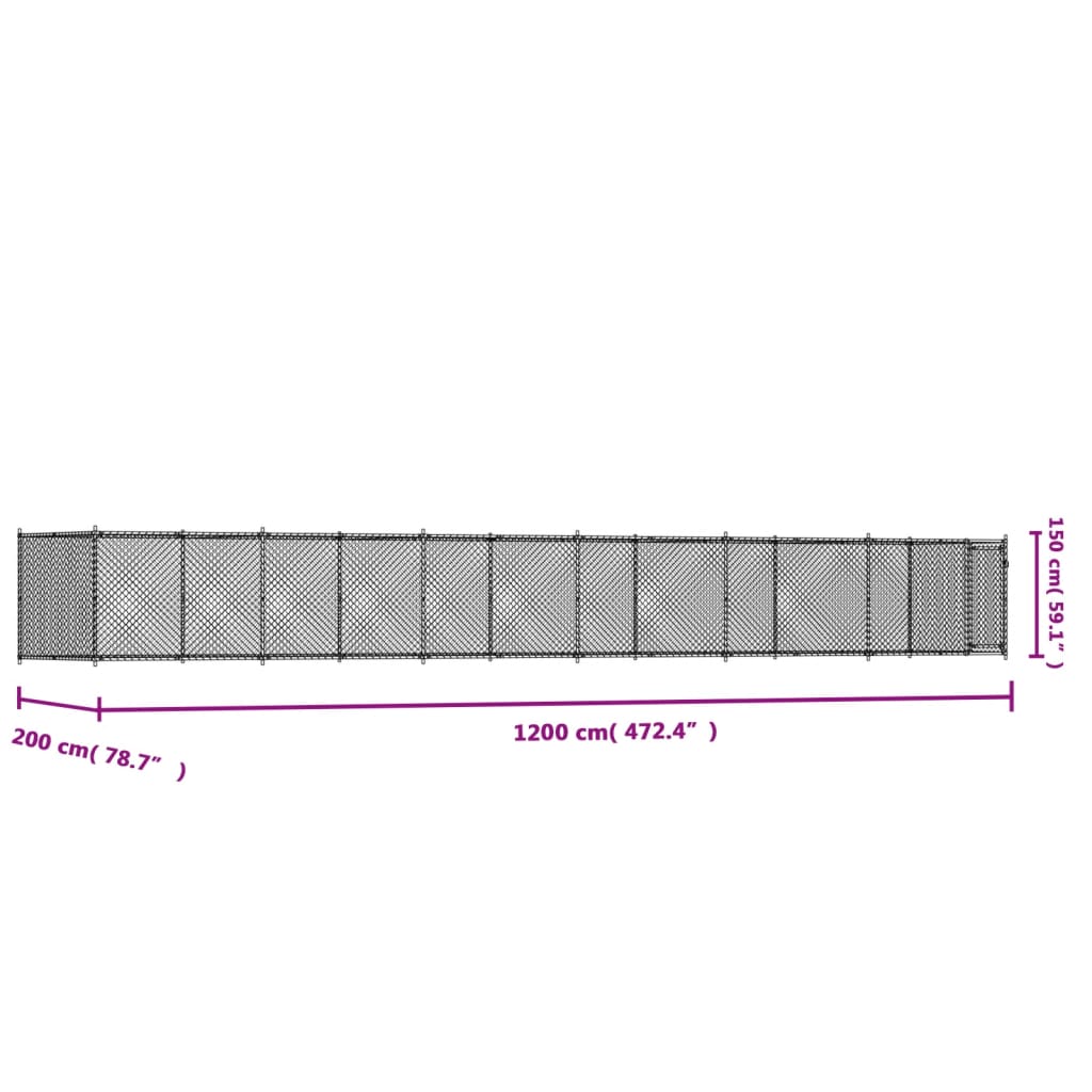 Hondenhok met deur 12x2x1,5 m gegalvaniseerd staal grijs