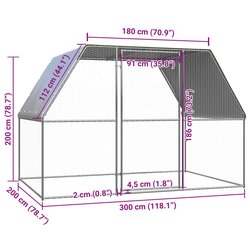 Kippenkooi 3x2x2 m gegalvaniseerd staal zilverkleurig en grijs