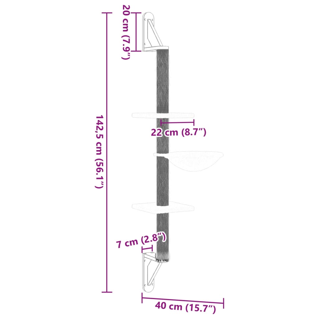 Kattenmeubel wandgemonteerd met krabpaal 142,5 cm lichtgrijs