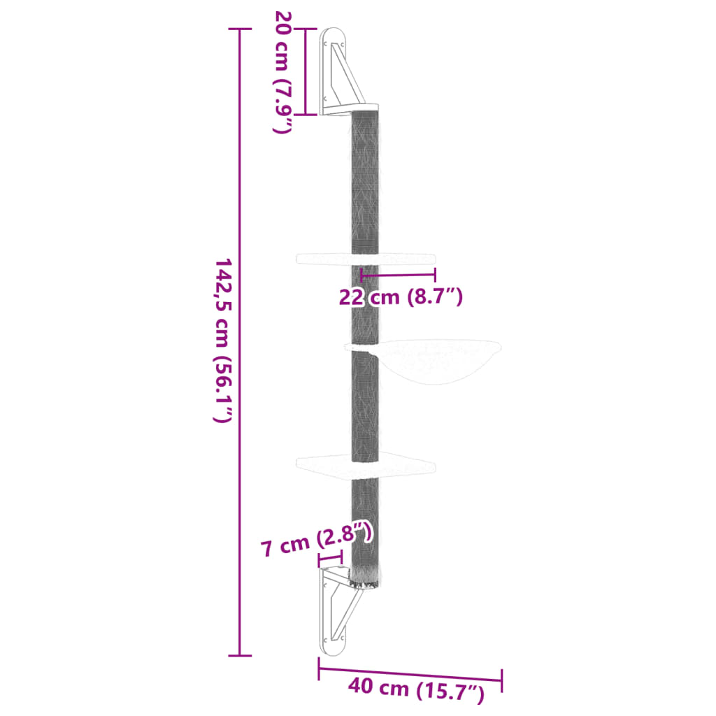 Kattenmeubel wandgemonteerd met krabpaal 142,5 cm donkergrijs