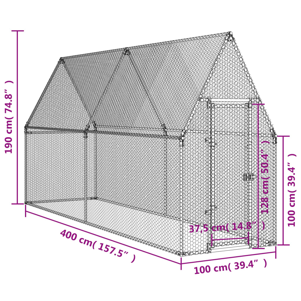 Kippenhok 400x100x190 cm gegalvaniseerd staal zilverkleurig