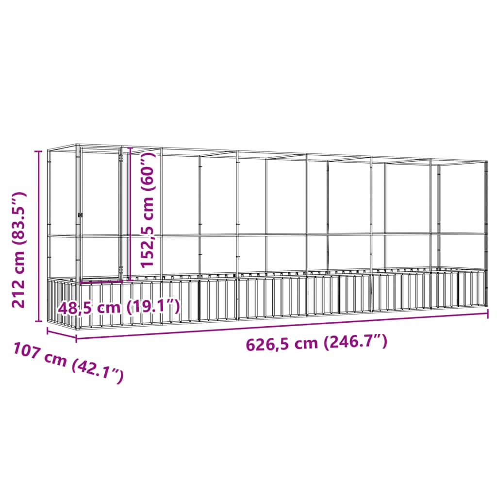 Volière met verlengstuk 626,5x107x212 m staal zilverkleurig