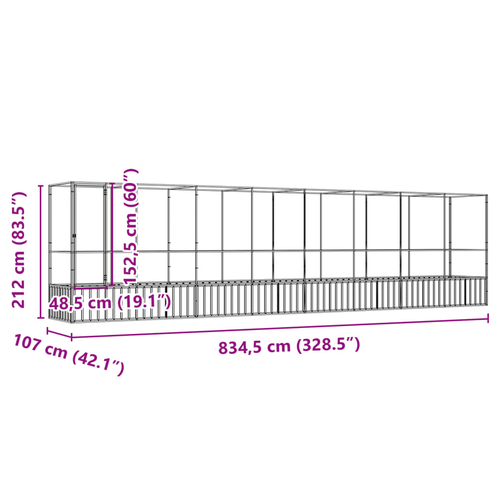 Volière met verlengstuk 834,5x107x212 m staal zilverkleurig