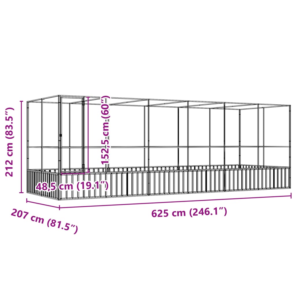 Volière met verlengstuk 625x207x212 m staal zilverkleurig